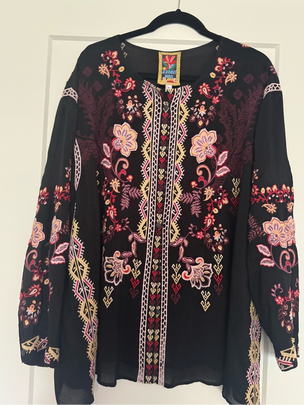 Johnny Was Black Embroidered Button Front Floral Boho Blouse